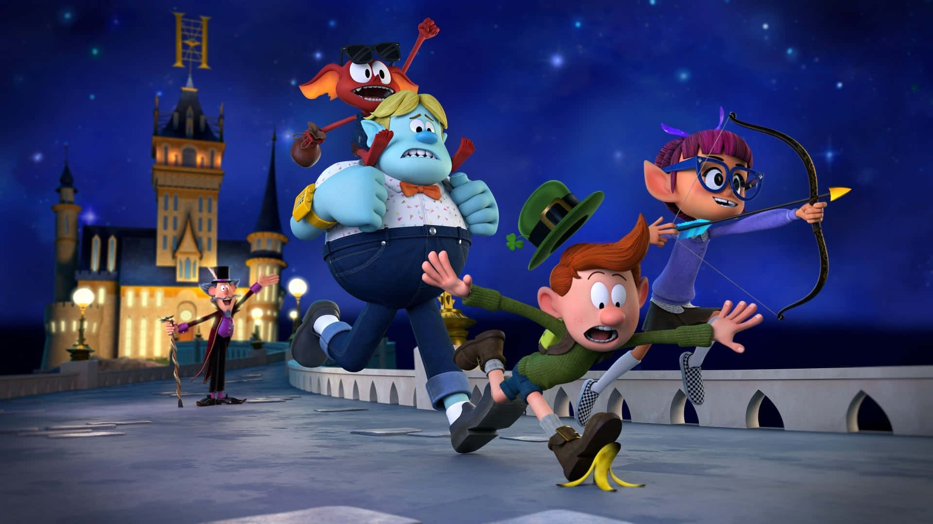 A Group Of Cartoon Characters Are Running In Front Of A Castle Background