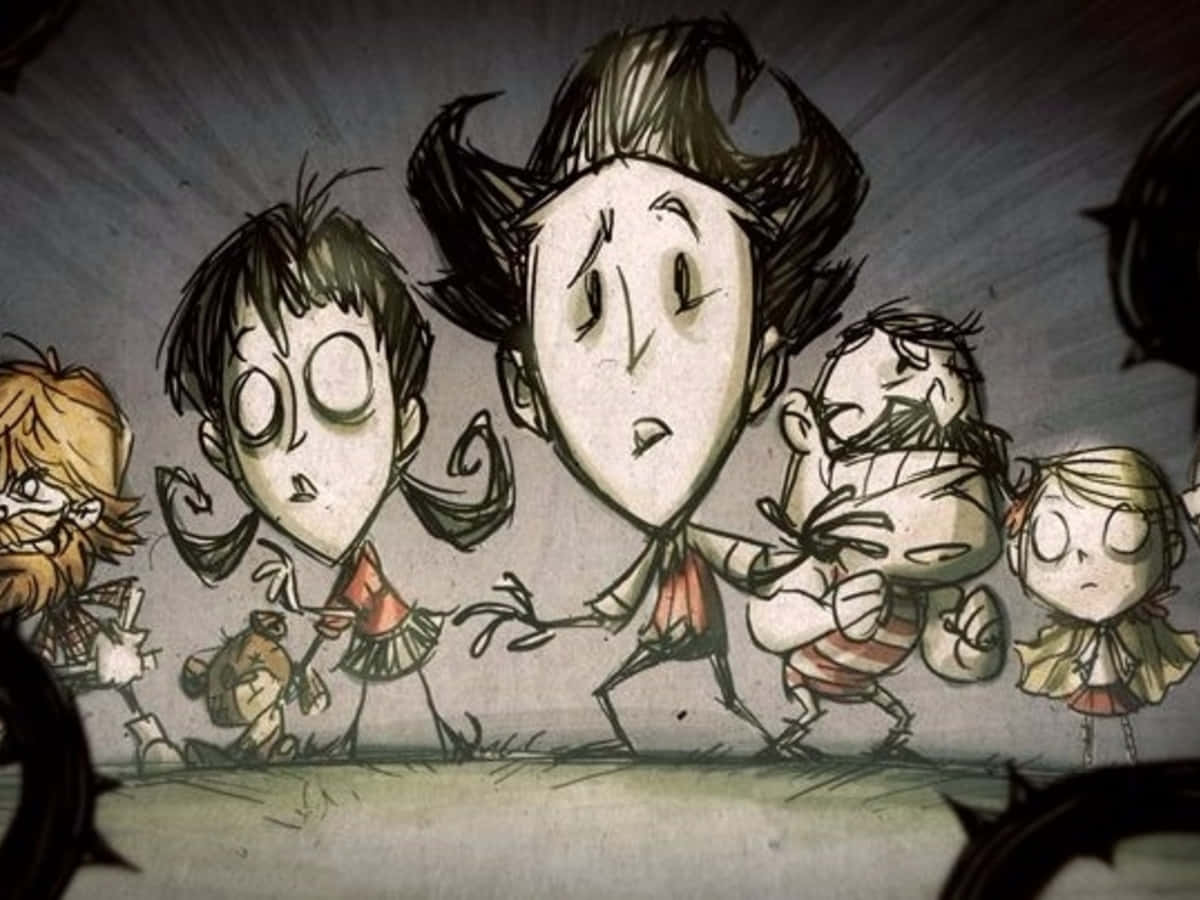 A Group Of Cartoon Characters Are Standing In Front Of A Wall Background