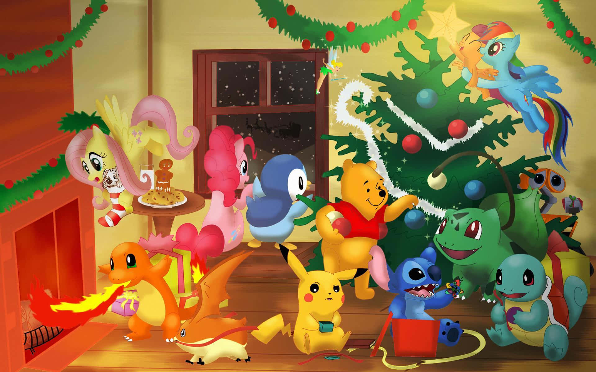 A Group Of Cartoon Characters Around A Christmas Tree Background