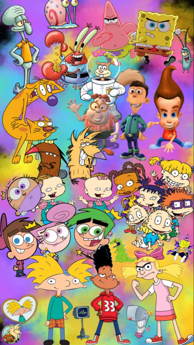 A Group Of Cartoon Characters In A Colorful Background Background