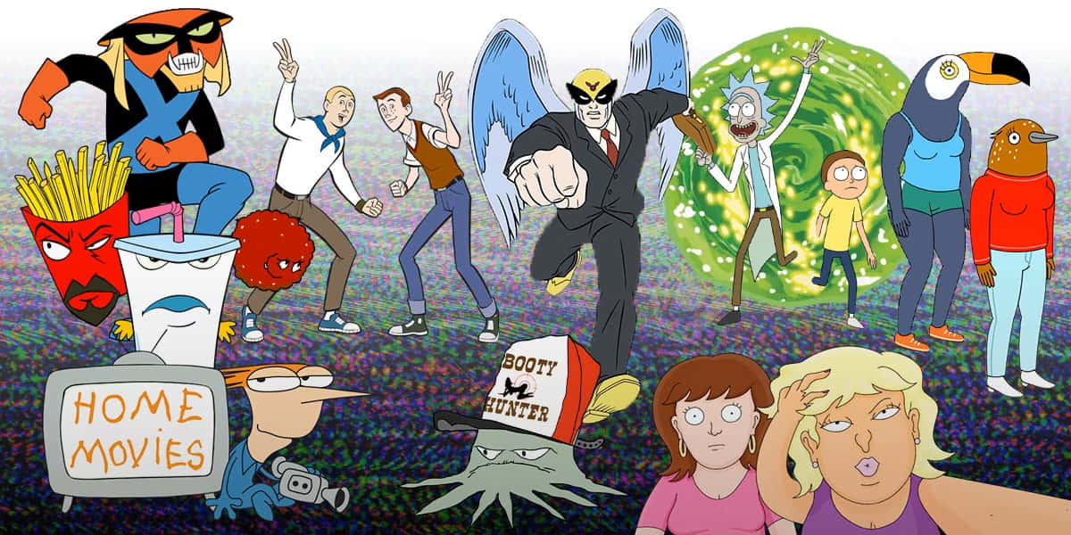 A Group Of Cartoon Characters In A Field Background