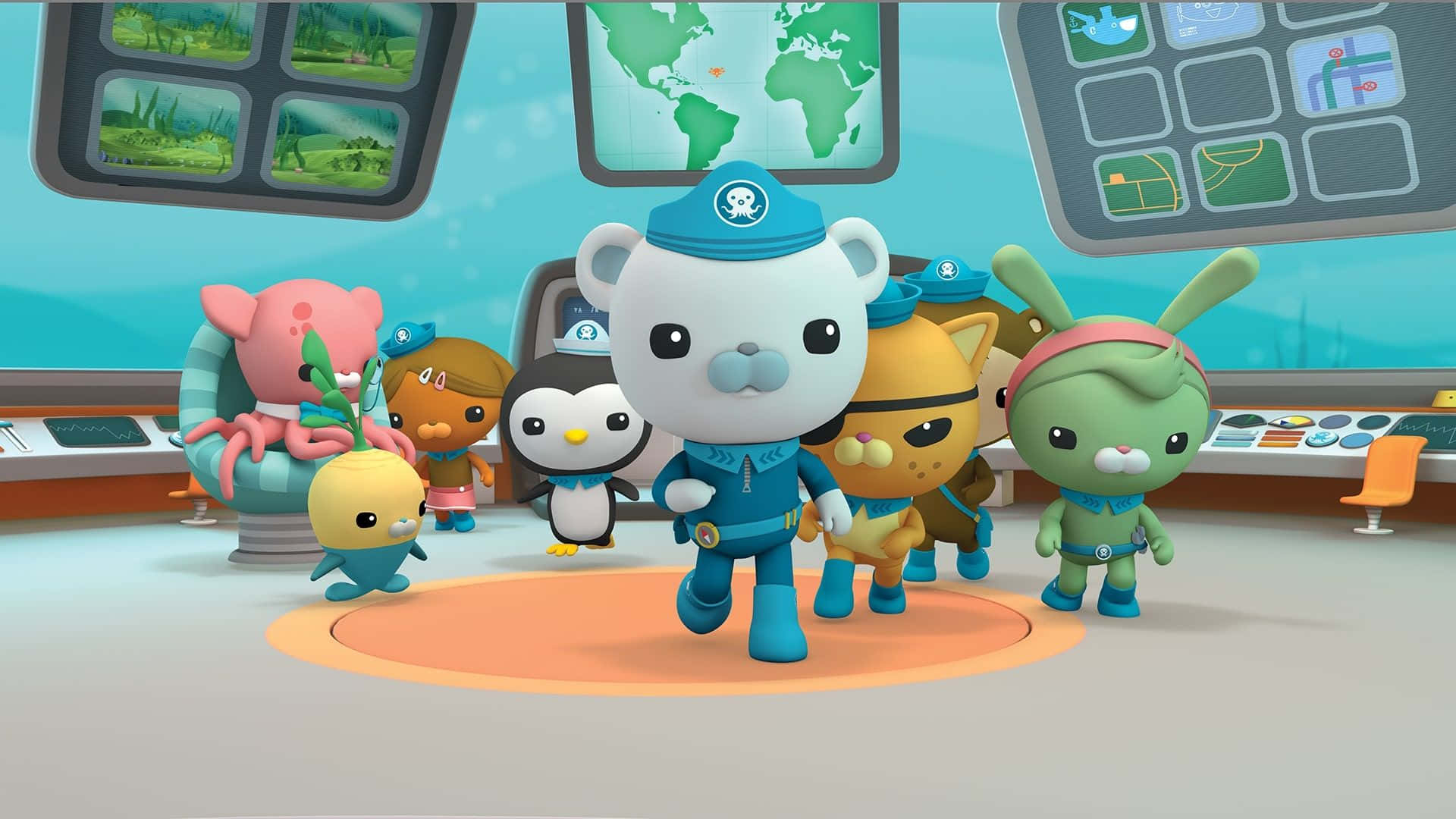 A Group Of Cartoon Characters In A Room Background