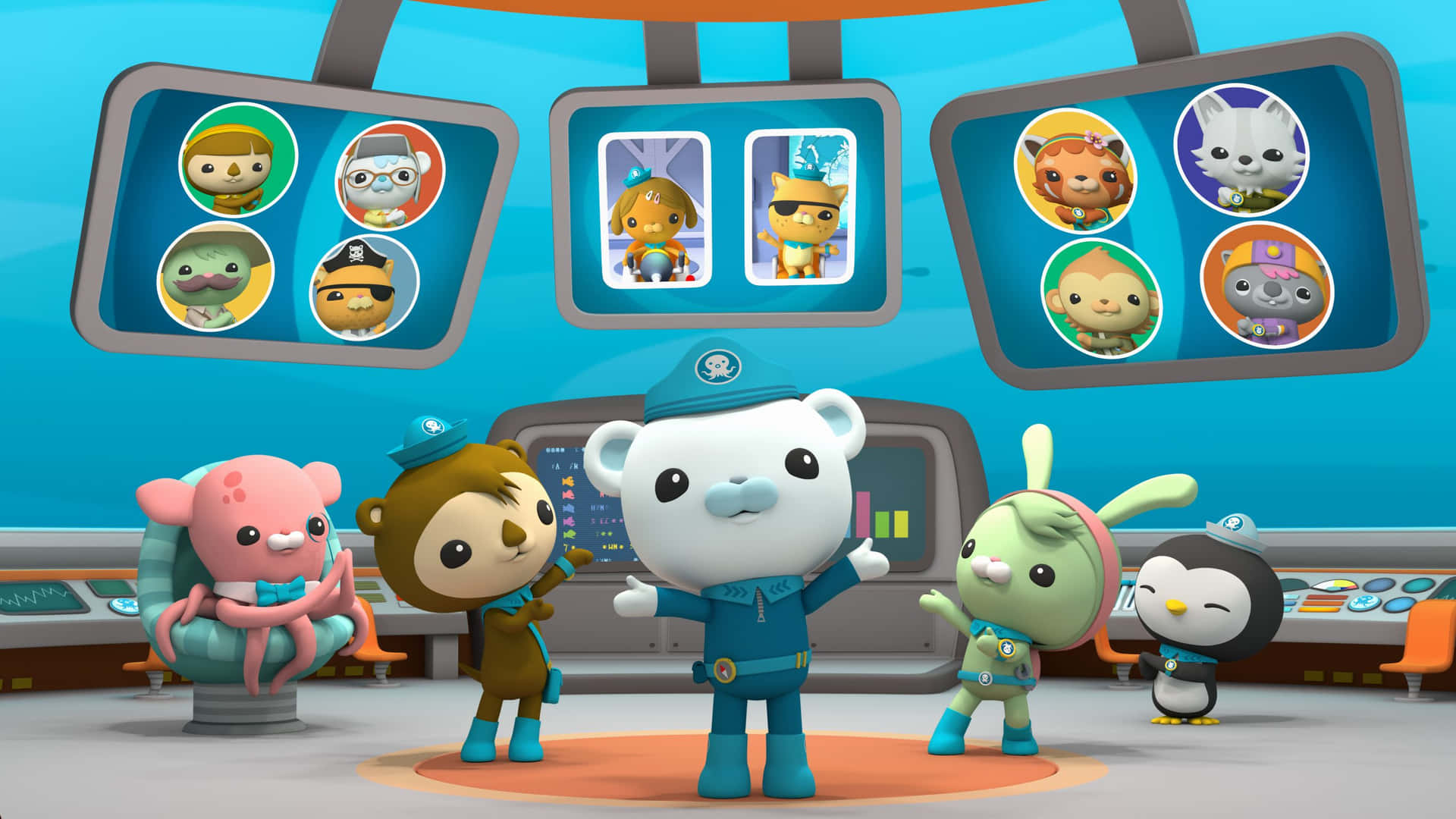 A Group Of Cartoon Characters In A Space Station Background