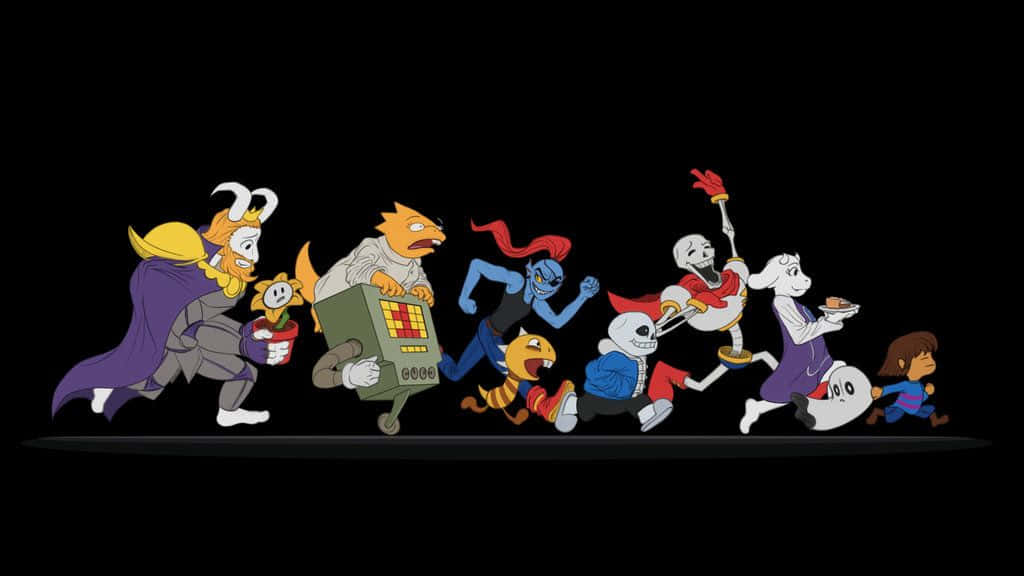 A Group Of Cartoon Characters Running In A Line Background