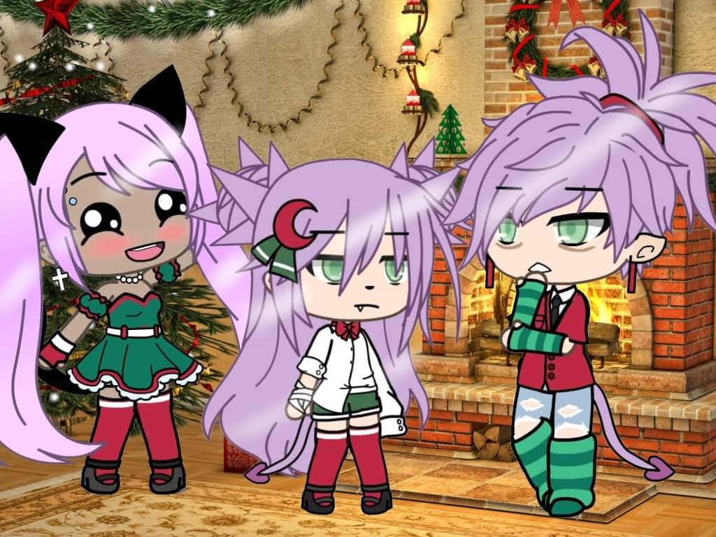 A Group Of Cartoon Characters Standing In Front Of A Christmas Tree Background