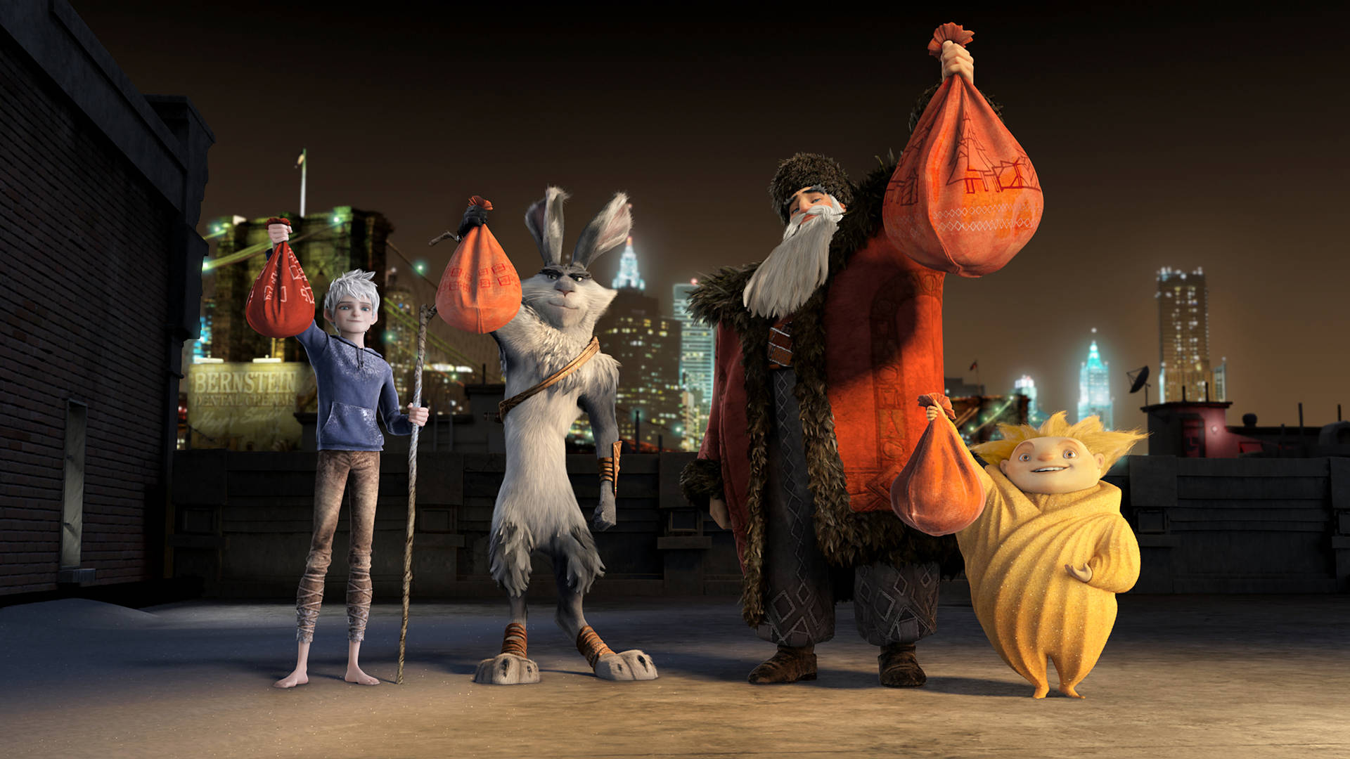 A Group Of Cartoon Characters Standing In Front Of A City Background