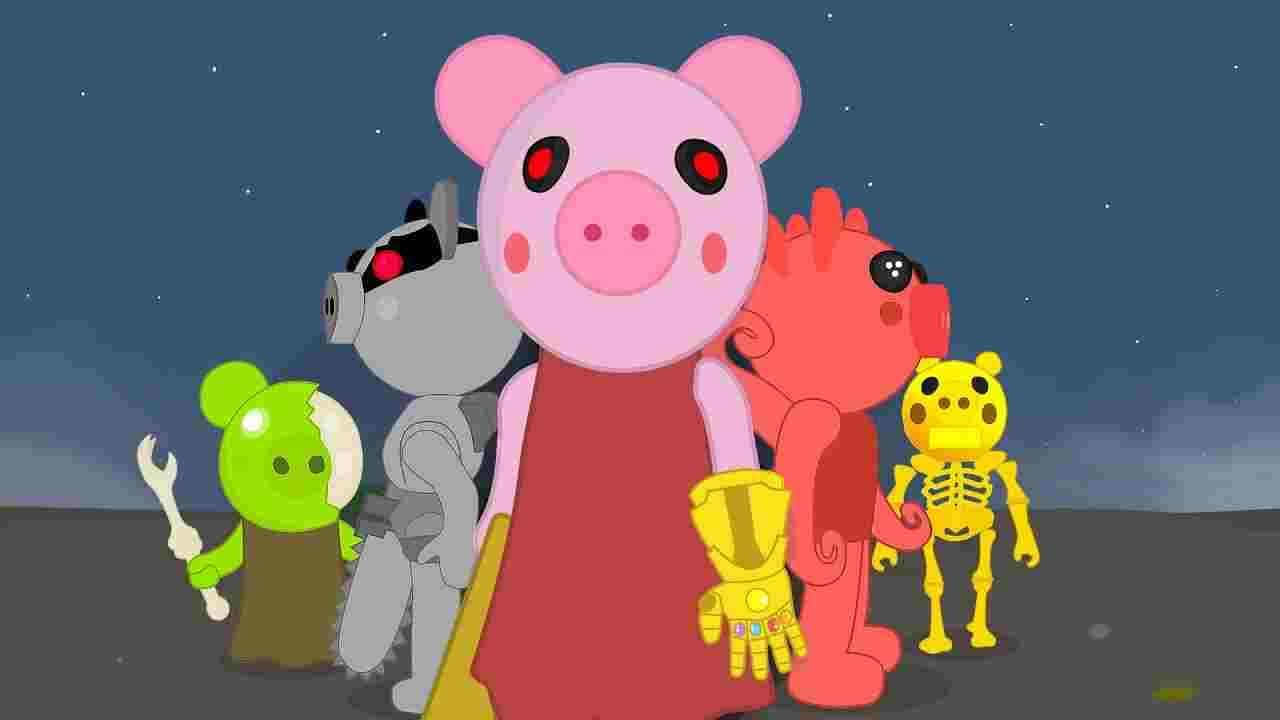 A Group Of Cartoon Characters Standing In Front Of A Dark Sky Background
