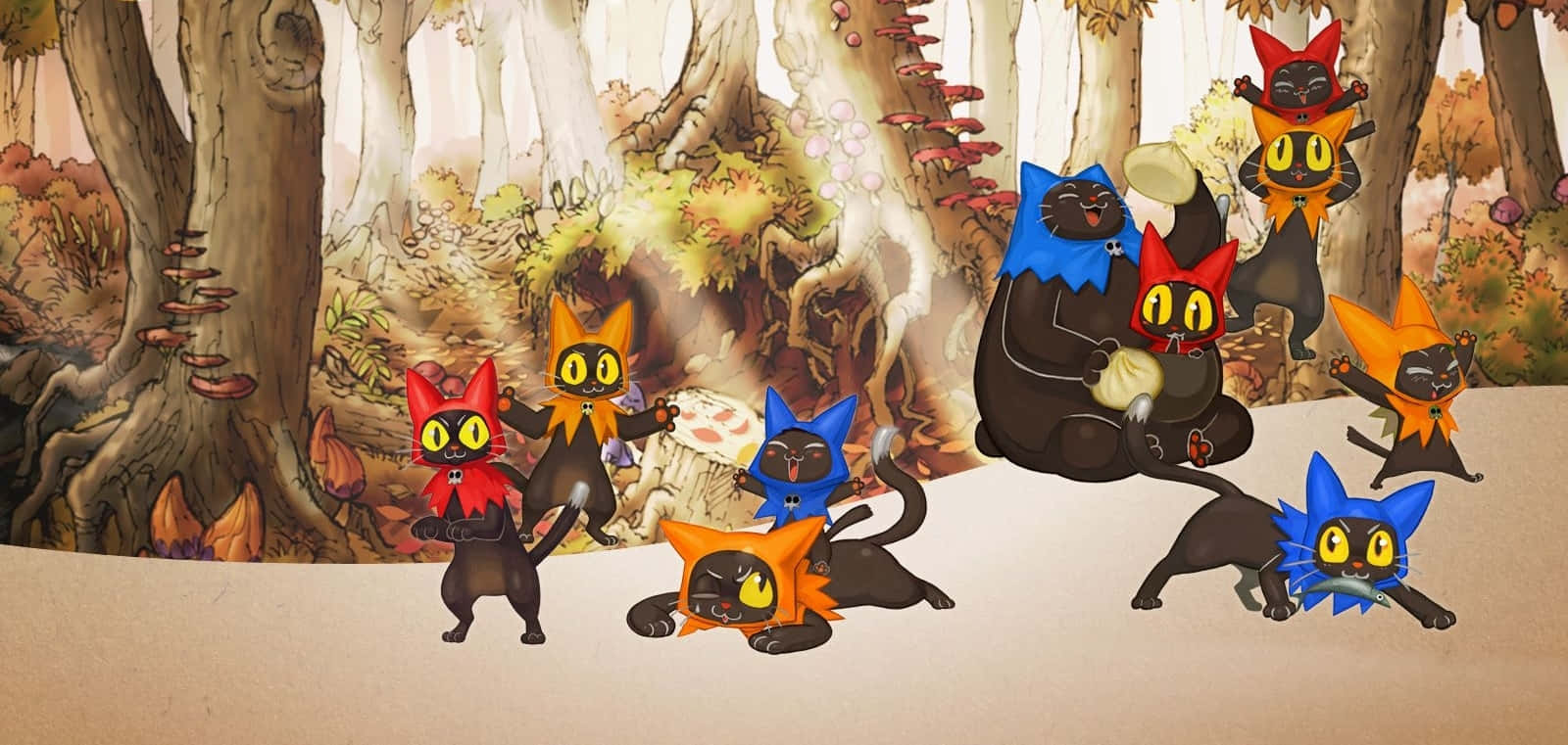 A Group Of Cats In A Forest Background