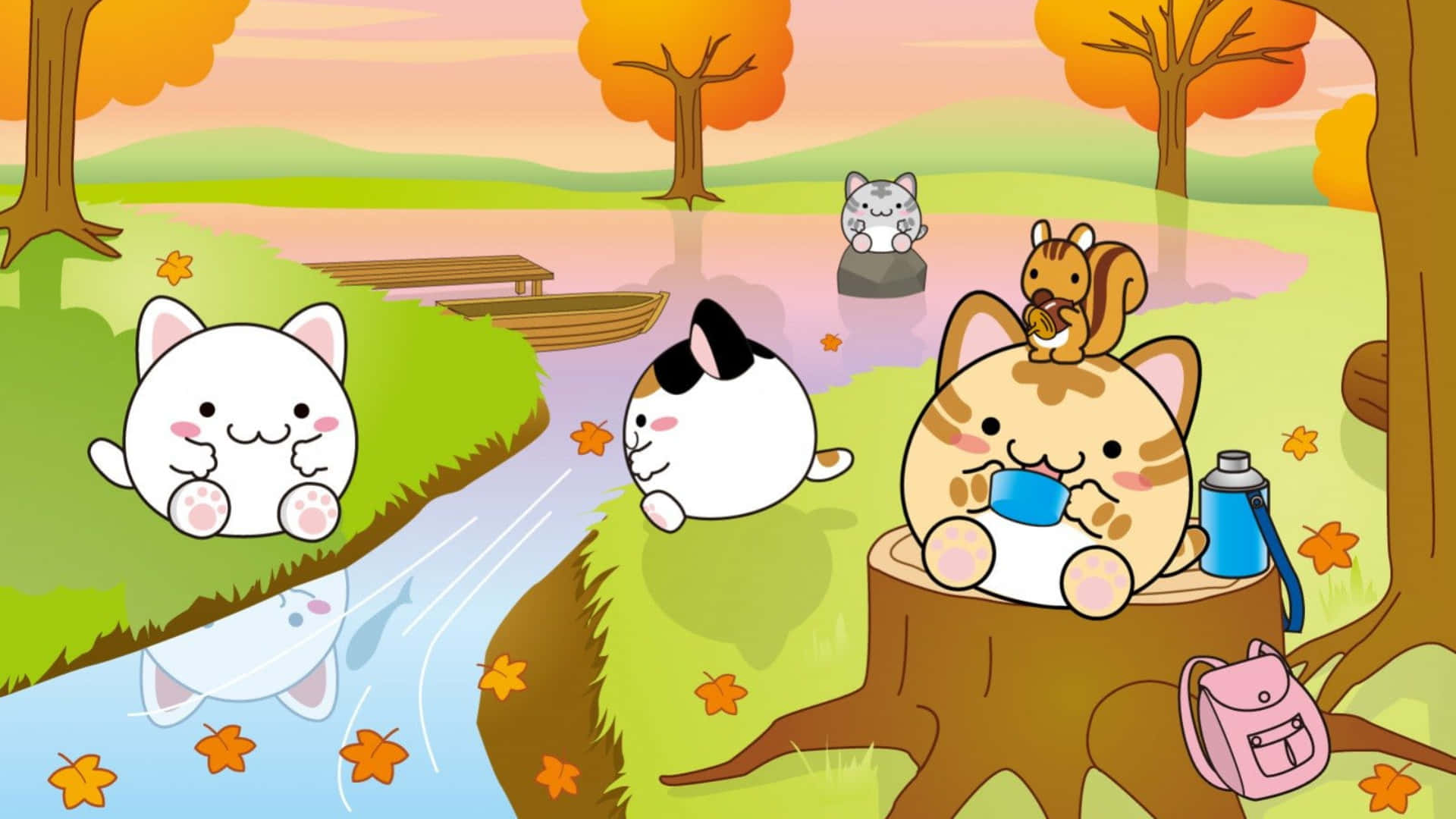 A Group Of Cats Sitting By A River Background