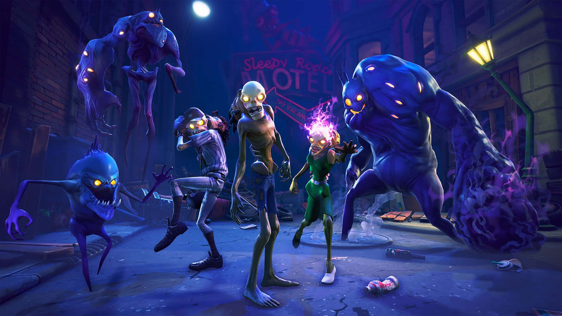 A Group Of Characters In A Dark City Background