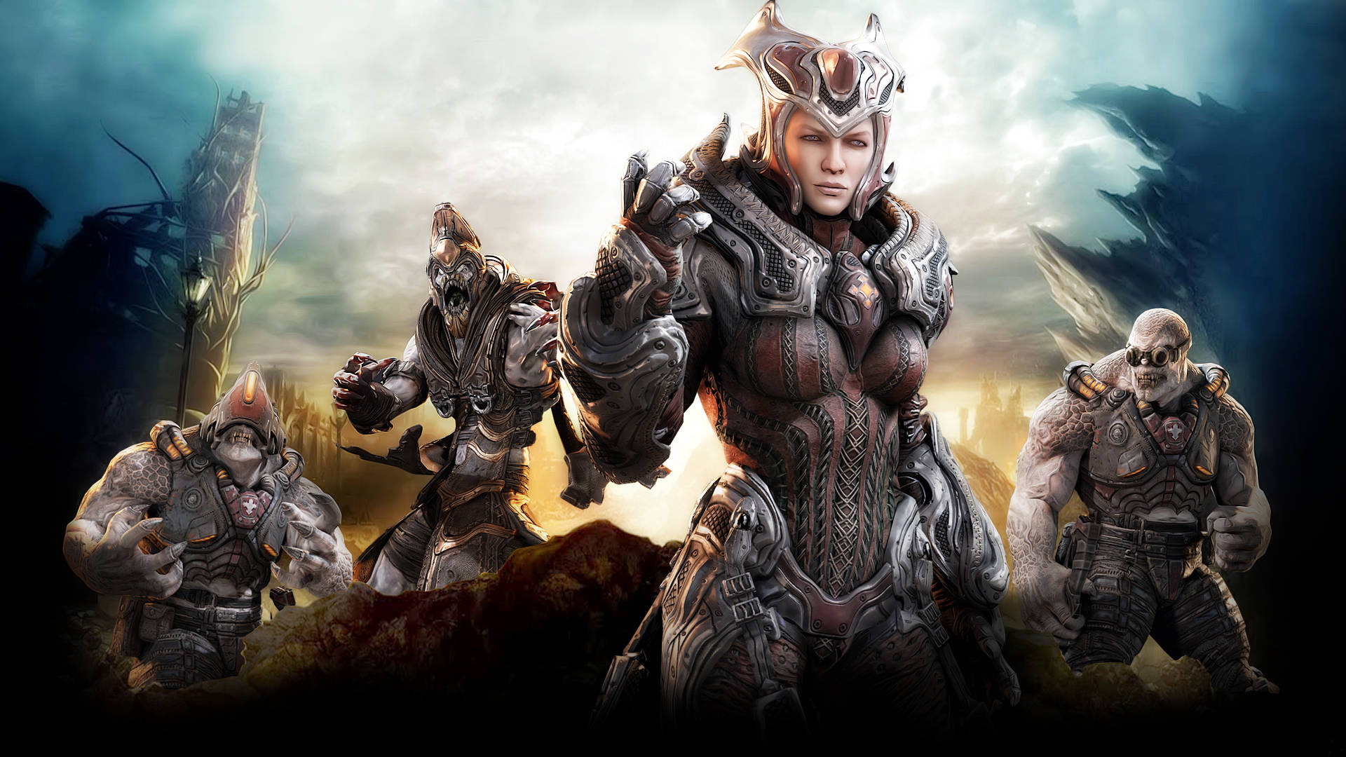 A Group Of Characters In Armor Standing In Front Of A Dark Background Background