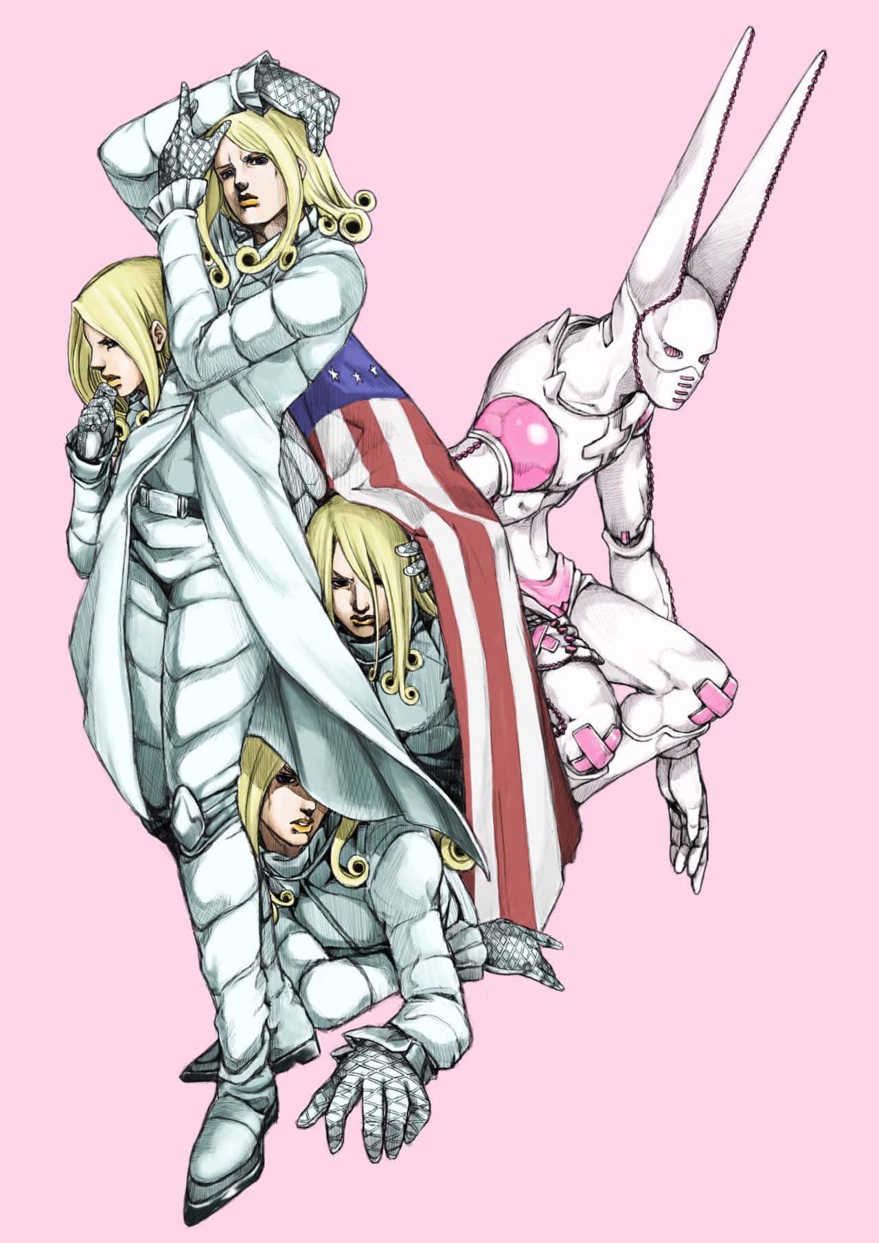 A Group Of Characters In White And Pink Background