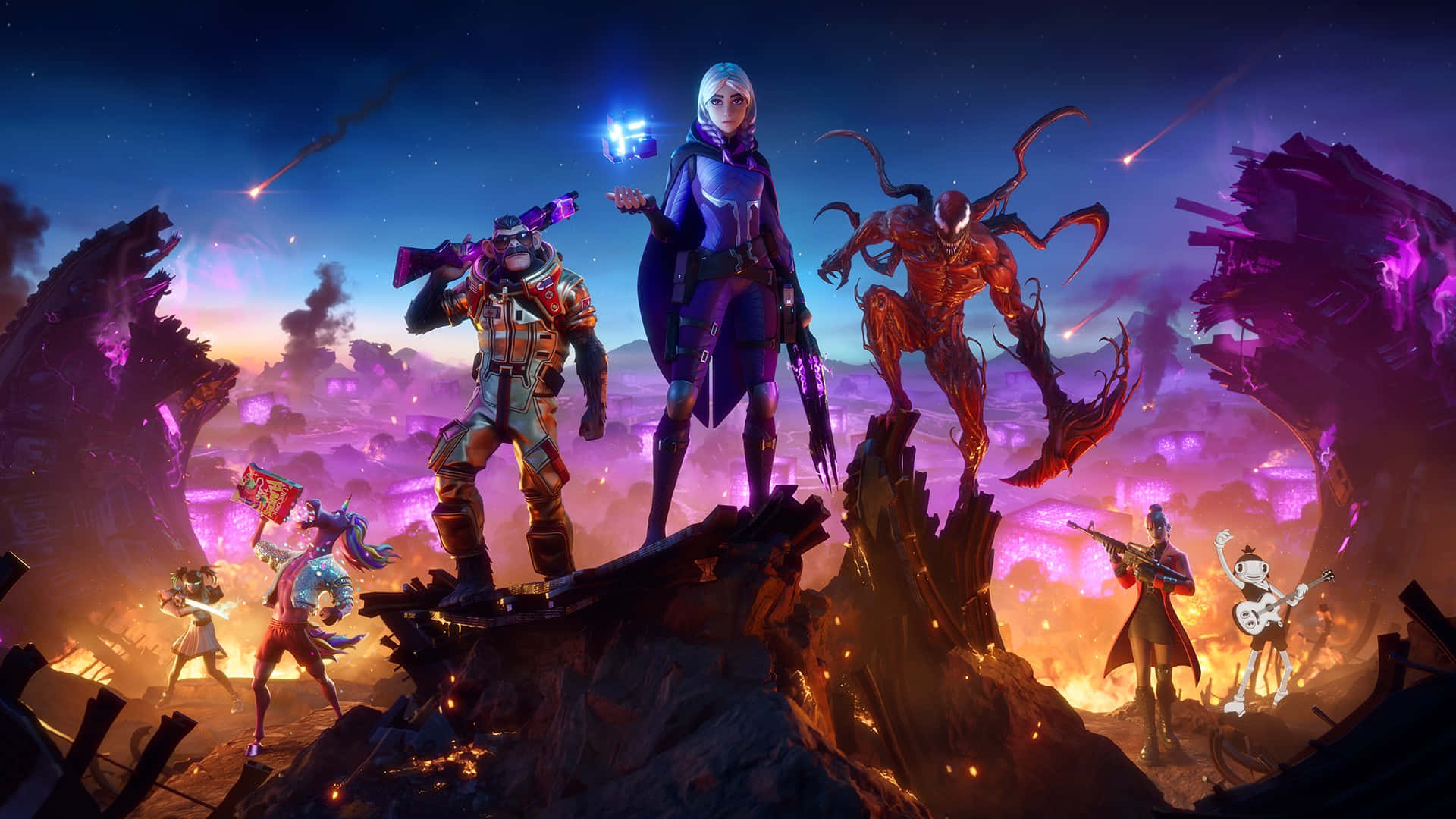 A Group Of Characters Standing On A Mountain Background