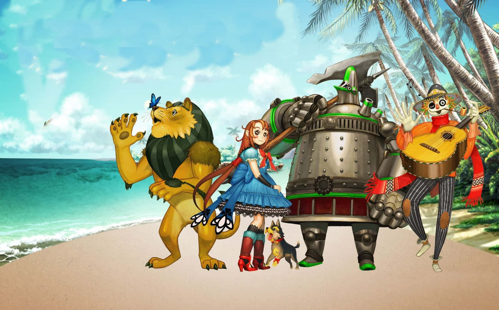 A Group Of Characters Standing On The Beach Background