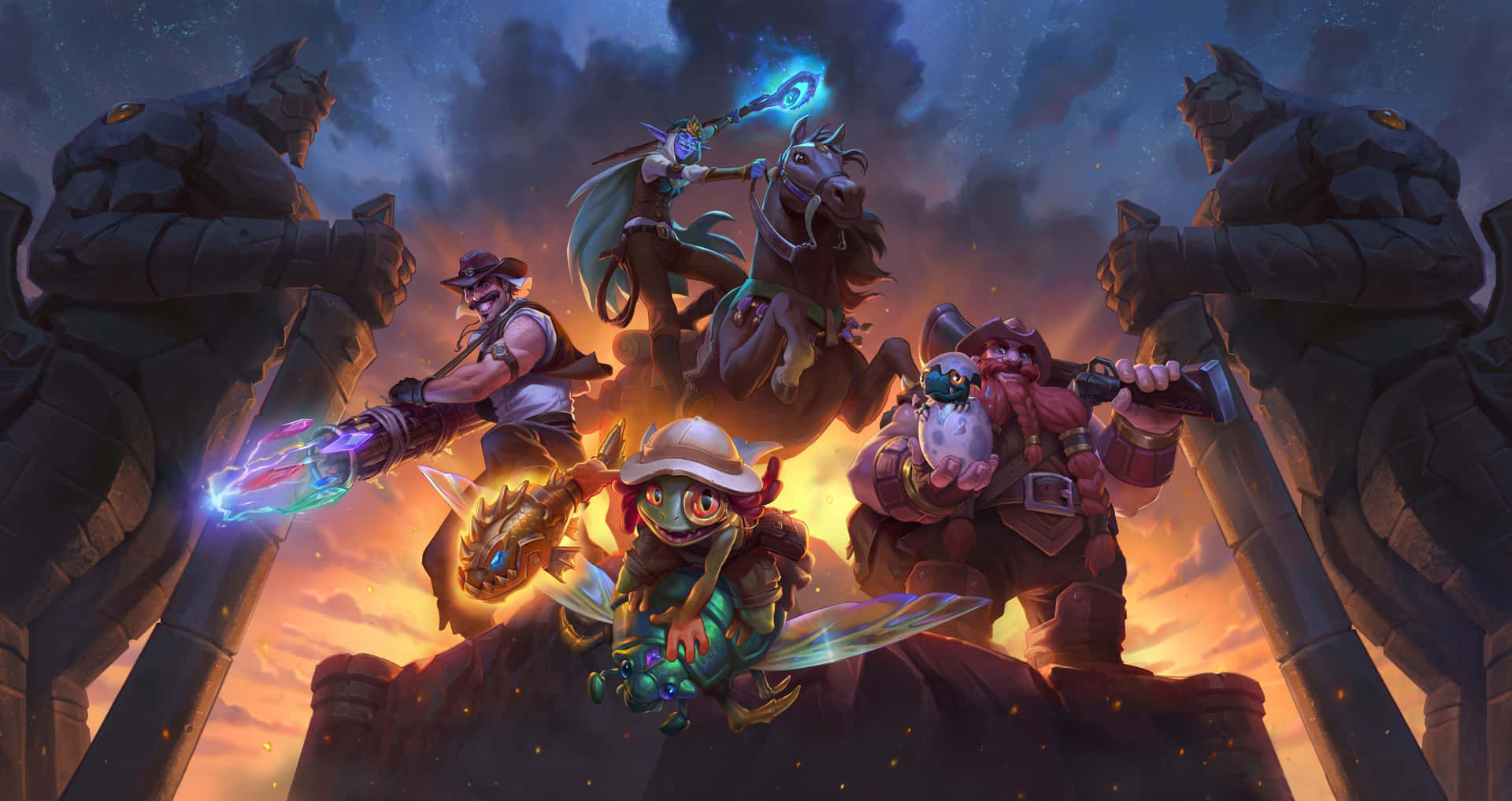 A Group Of Characters Standing On Top Of A Mountain Background