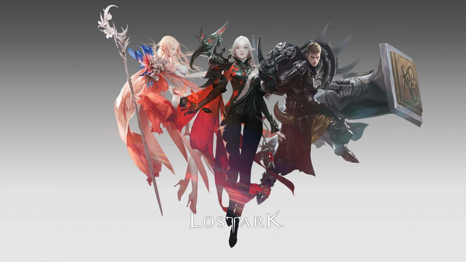A Group Of Characters With Swords And Armor Background