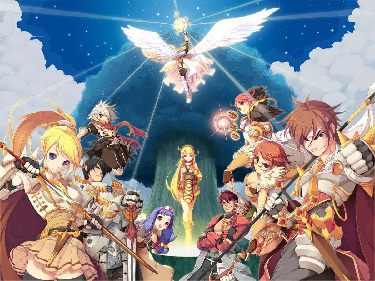 A Group Of Characters With Swords And Wings Background