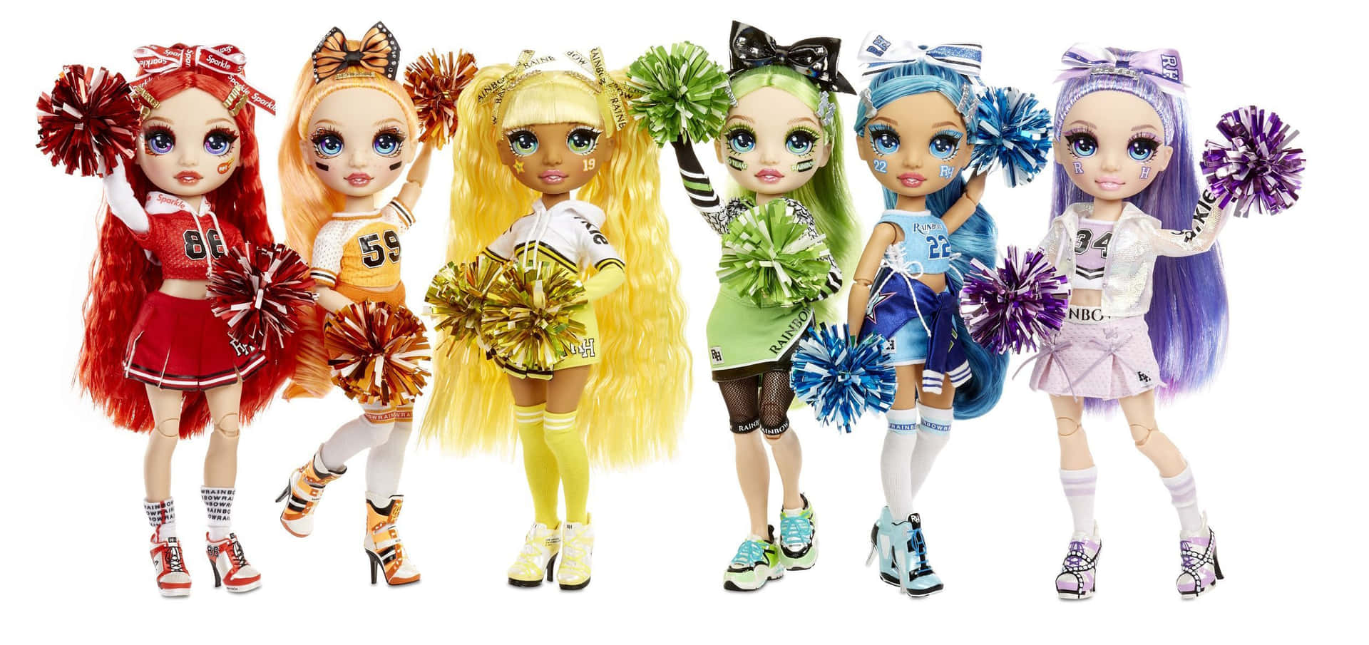 A Group Of Cheerleader Dolls With Colorful Hair Background