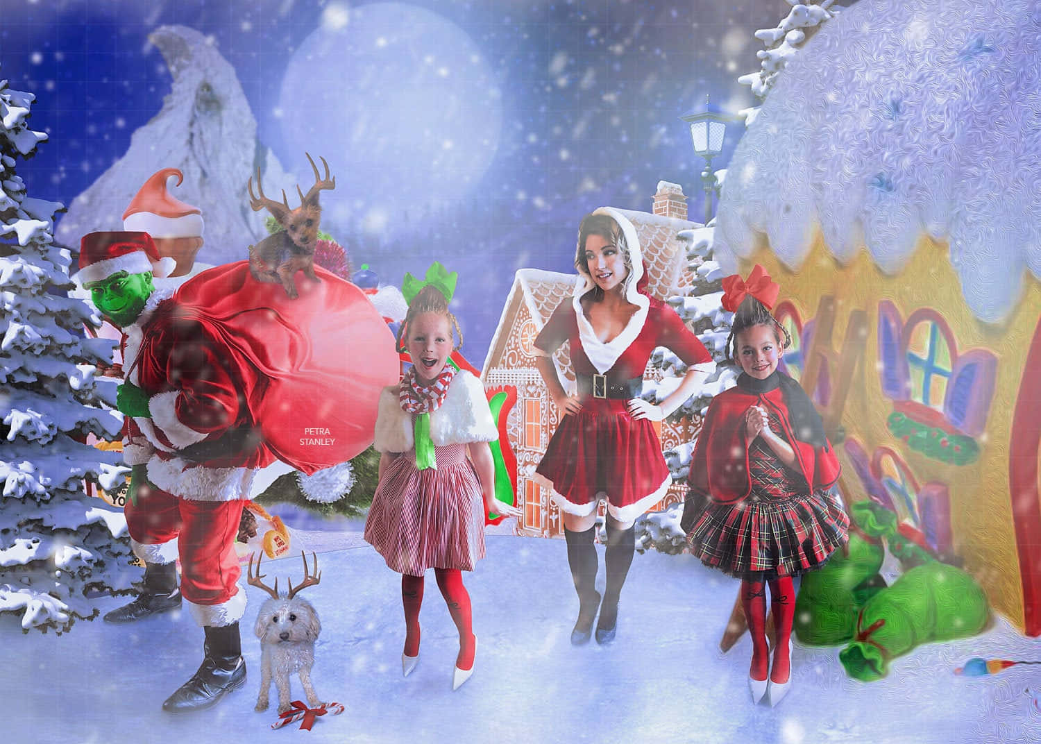 A Group Of Children And Santa Claus In A Snowy Scene Background