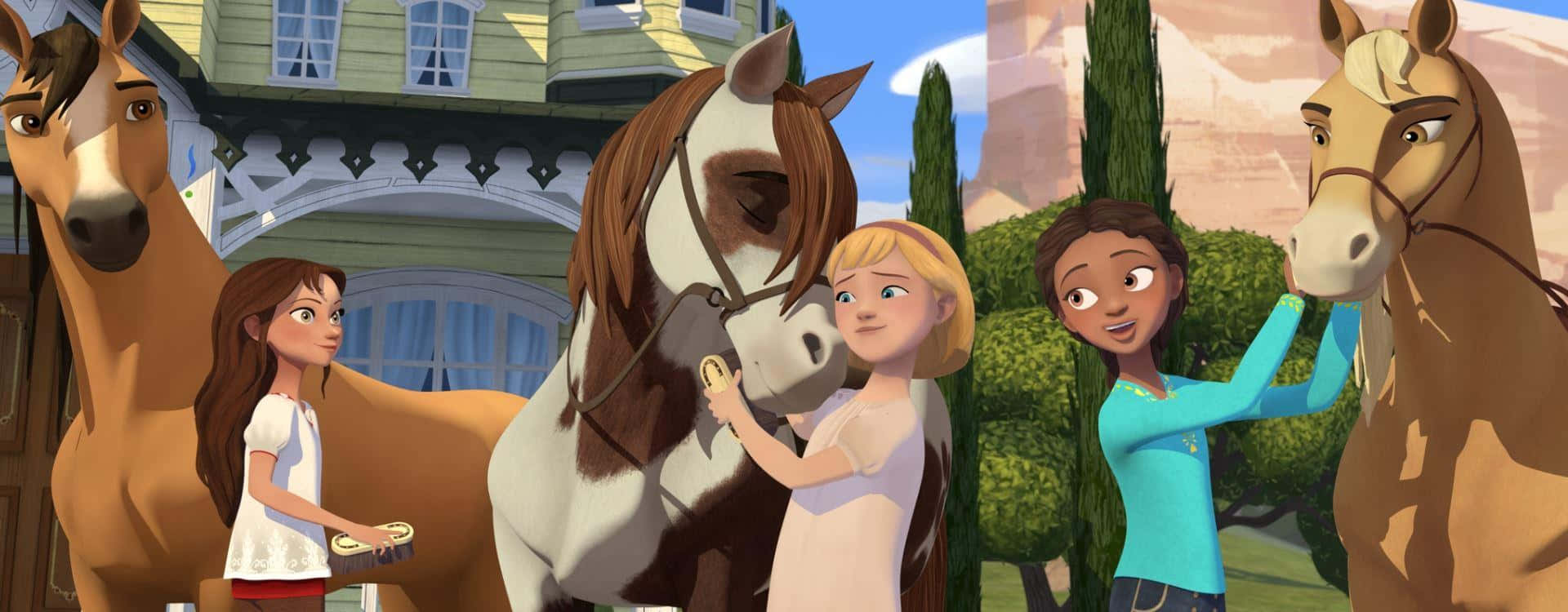 A Group Of Children Are Standing Next To Horses Background