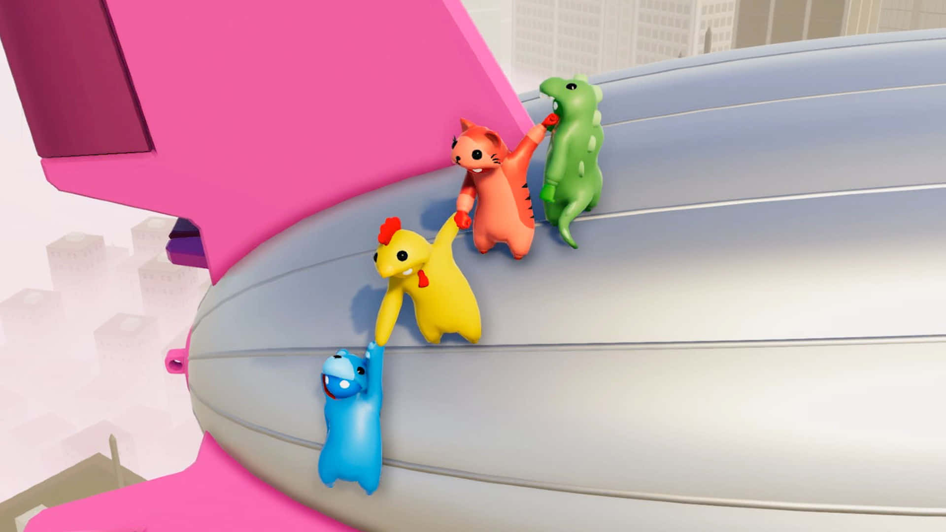 A Group Of Colorful Animals Are Standing On Top Of A Pink Balloon Background