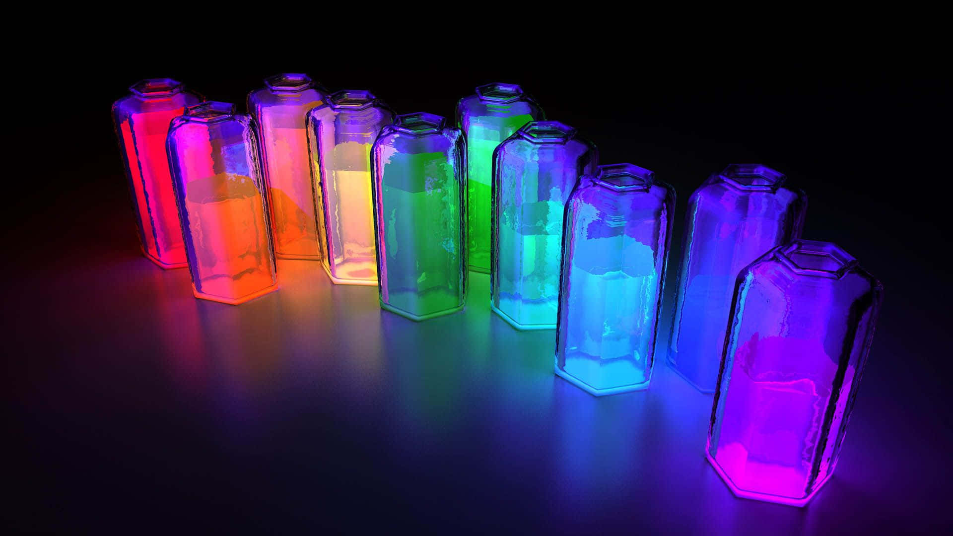 A Group Of Colorful Bottles With A Rainbow Light Background