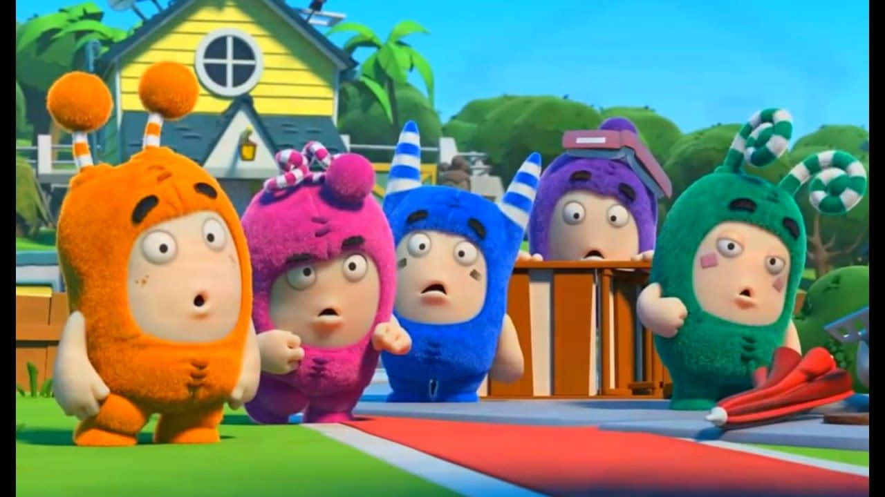 A Group Of Colorful Cartoon Characters Standing In Front Of A House Background