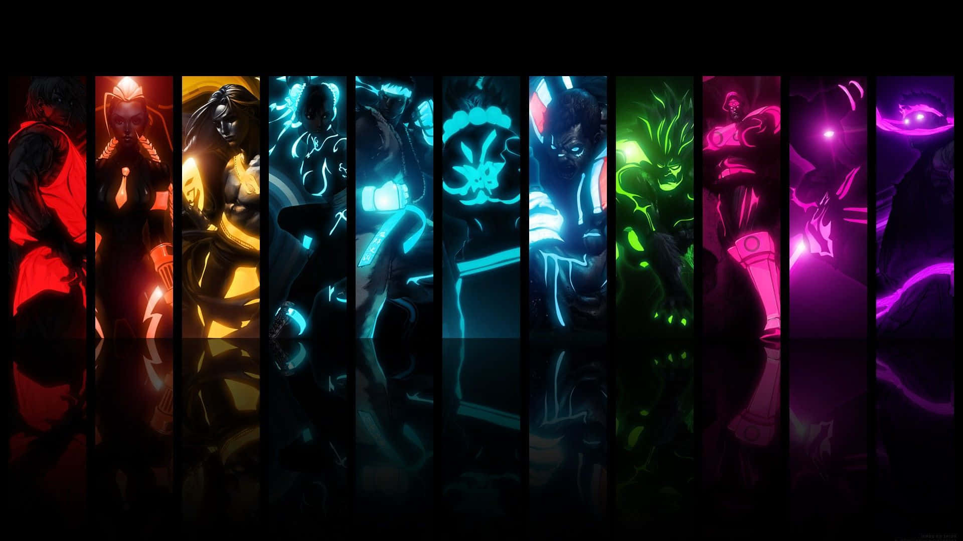 A Group Of Colorful Characters In A Dark Background Background