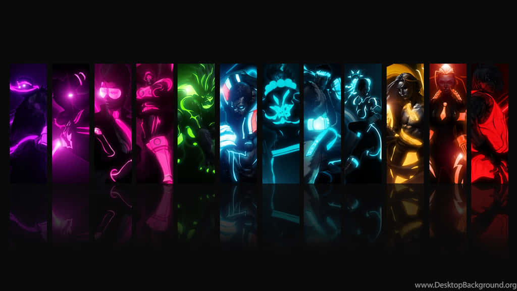 A Group Of Colorful Characters In A Dark Background Background