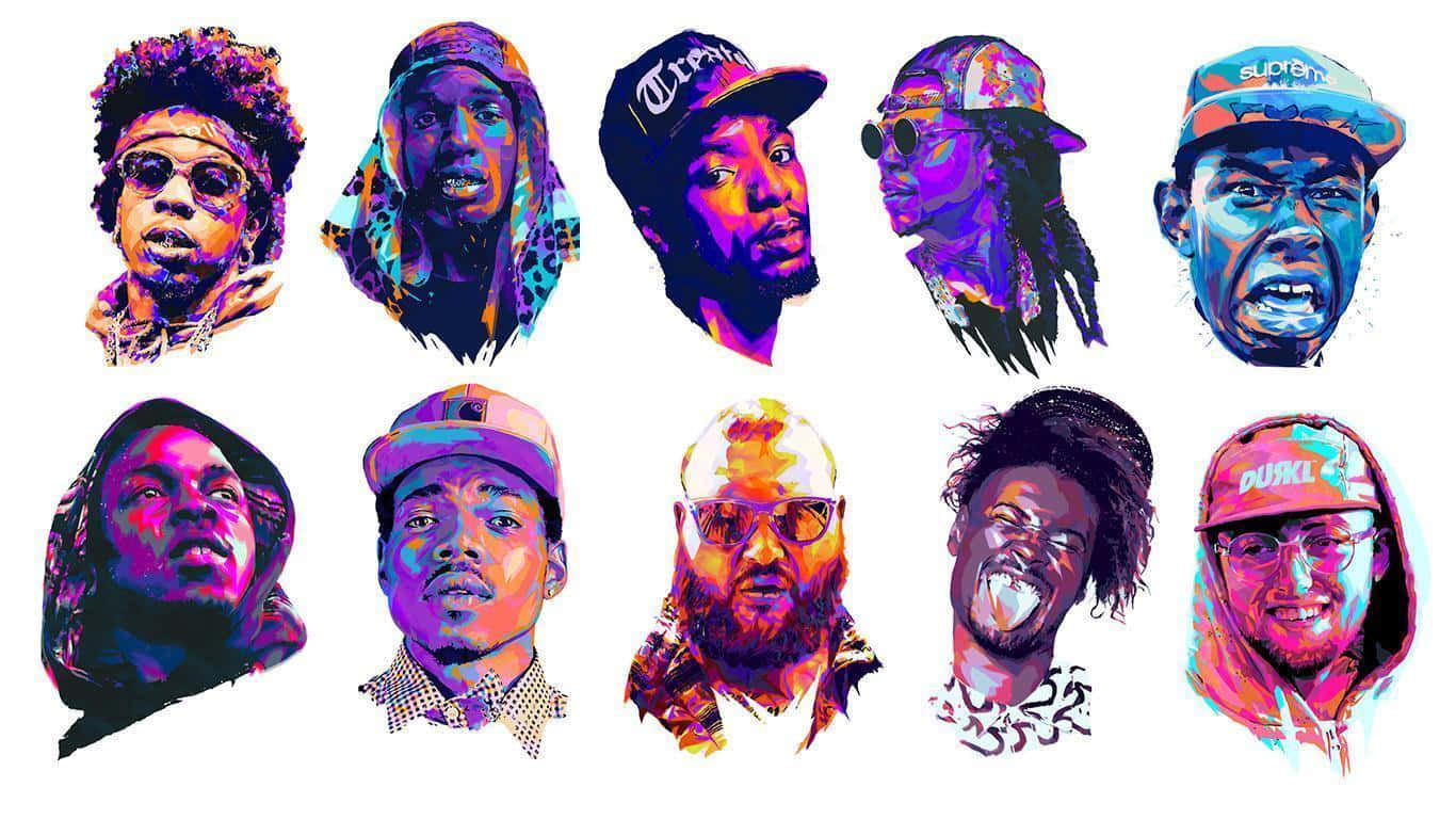 A Group Of Colorful Faces Of Rappers Background