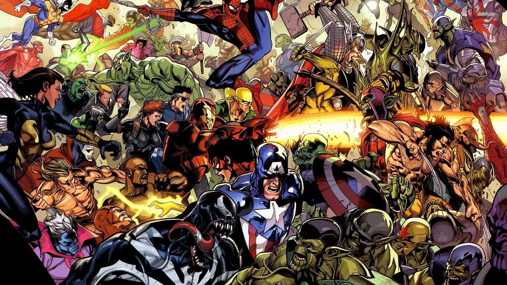 A Group Of Comic Characters In A Large Group Background