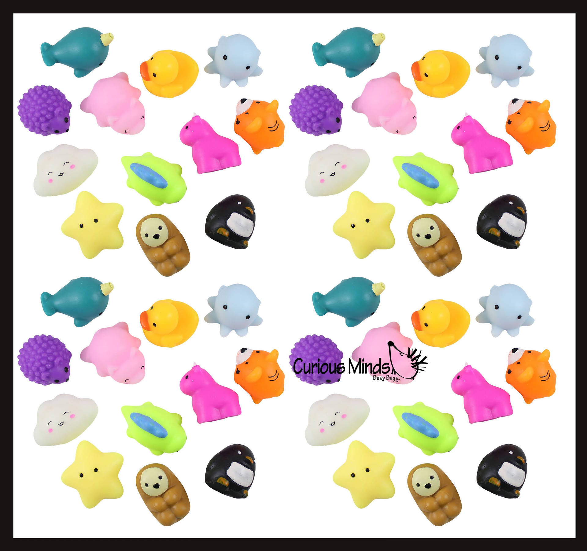 A Group Of Different Shaped Toys With Different Animals Background