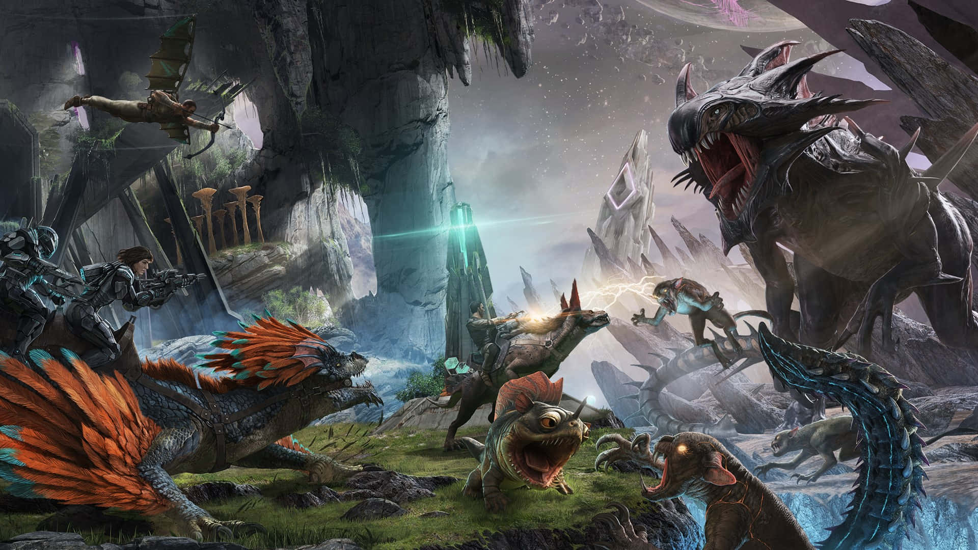 A Group Of Dinosaurs And Other Creatures Are In A Cave Background
