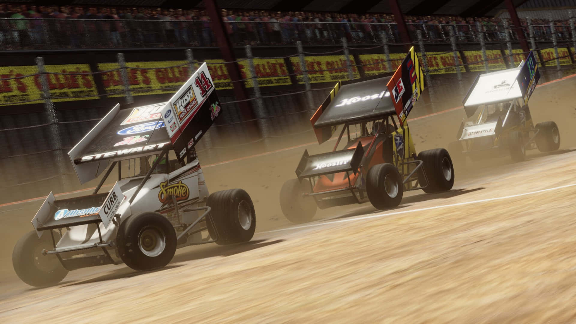 A Group Of Dirt Track Racing Cars Are Racing In A Race Background