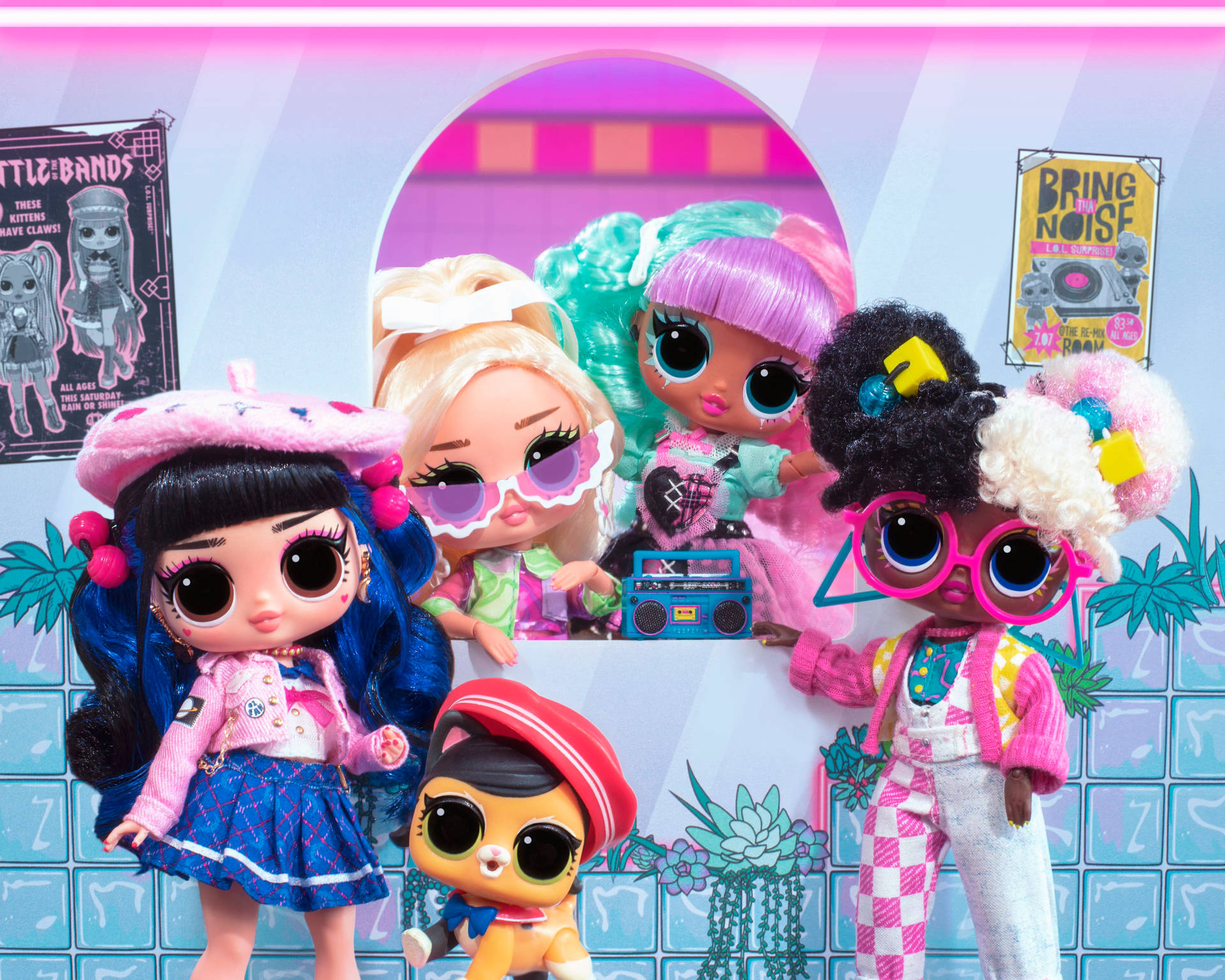 A Group Of Dolls In Pink And Purple Background