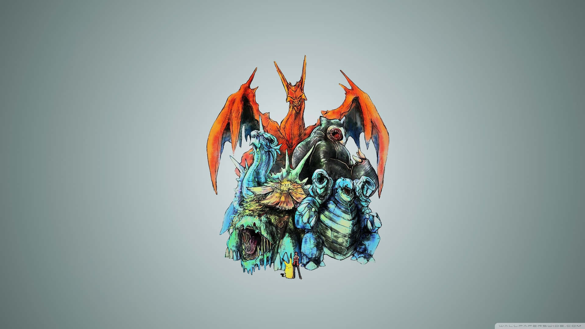 A Group Of Dragons With A Sword Background
