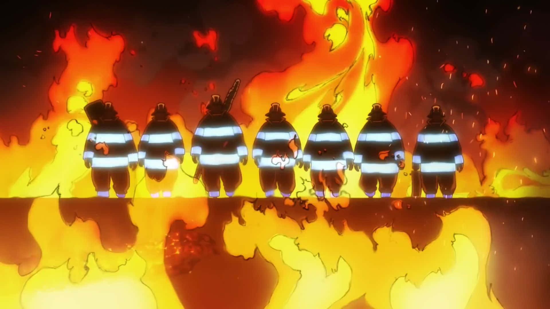 A Group Of Firemen Standing In Front Of A Fire Background