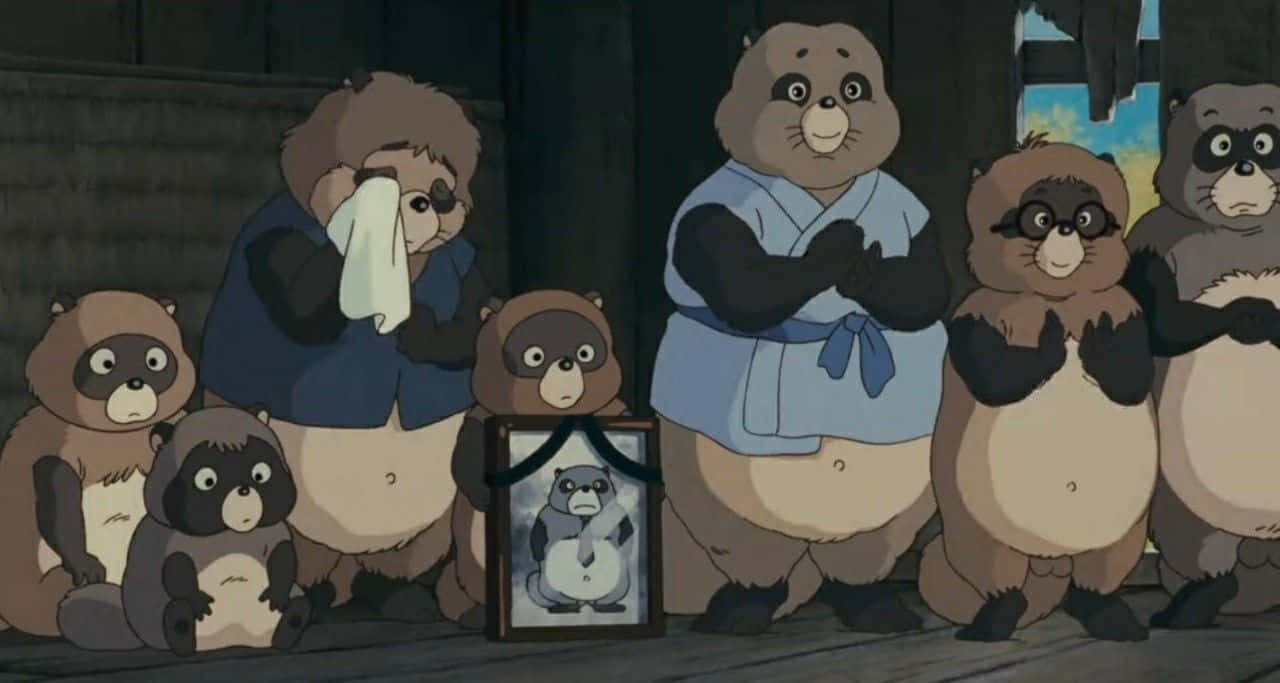 A Group Of Fun-loving Tanuki From Pom Poko In Their Fantastical World Background