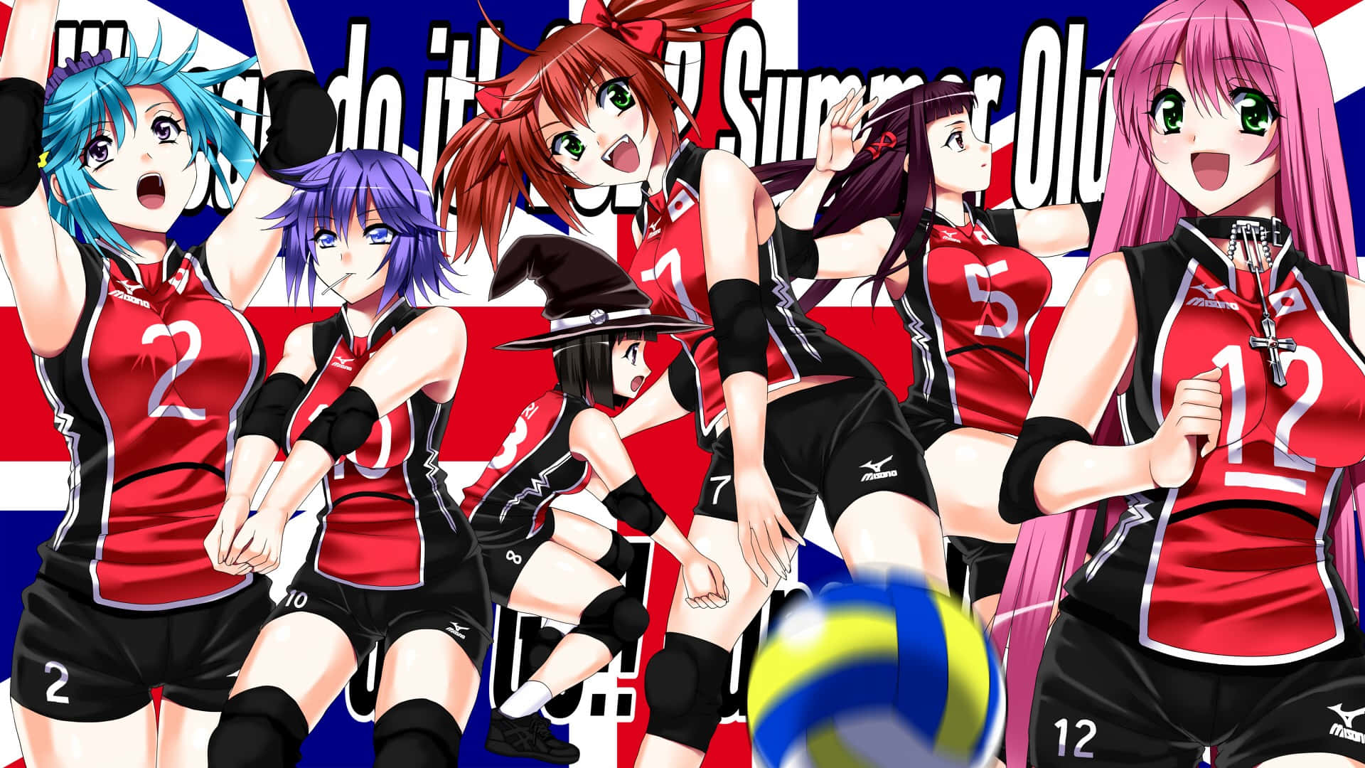 A Group Of Girls In A Volleyball Uniform With A British Flag Background