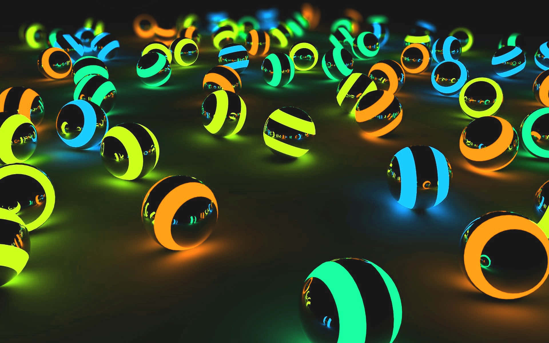 A Group Of Glowing Balls In A Dark Room
