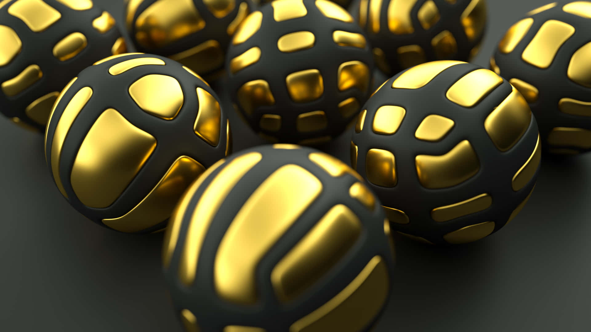 A Group Of Gold And Black Eggs On A Black Surface Background