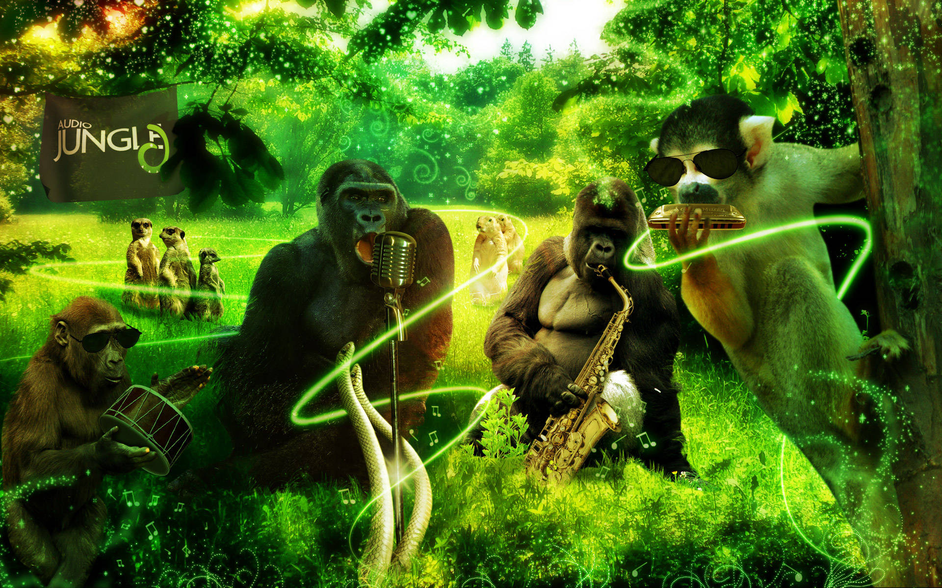 A Group Of Gorillas Playing Music In The Jungle Background