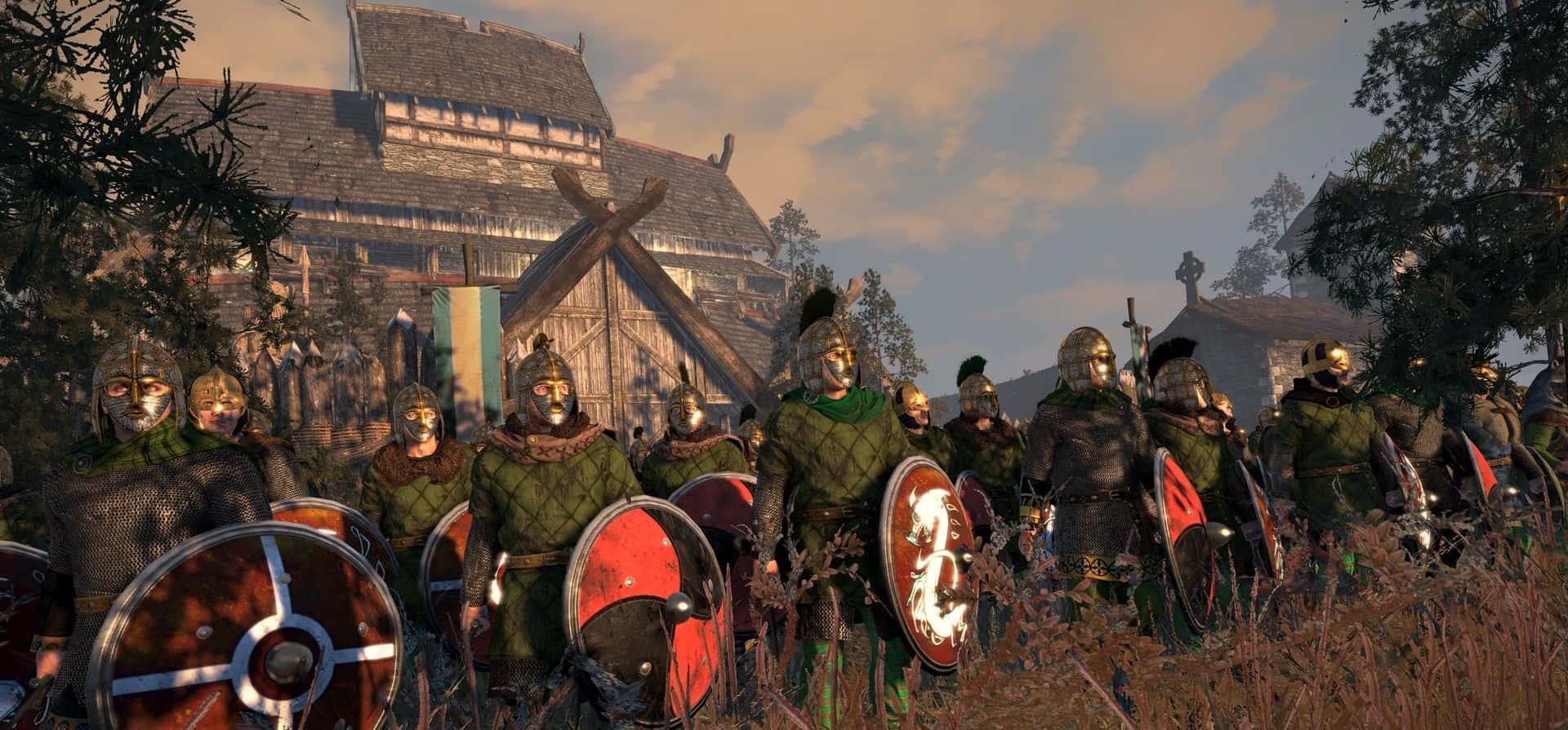 A Group Of Men In Armor Are Standing In A Field Background