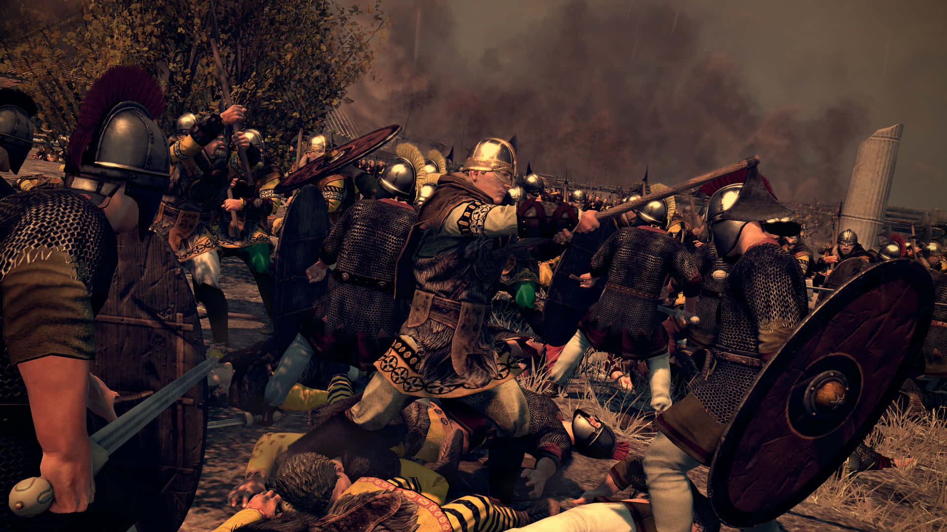 A Group Of Men In Armor Fighting In A Battle Background