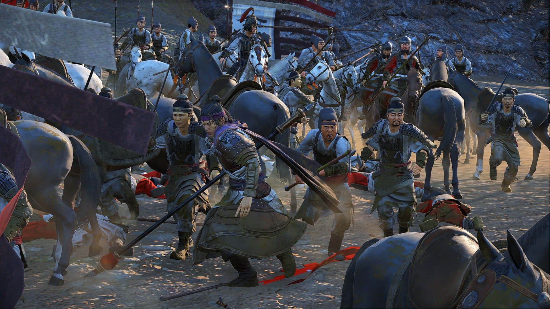 A Group Of Men On Horses Are In A Battle Background