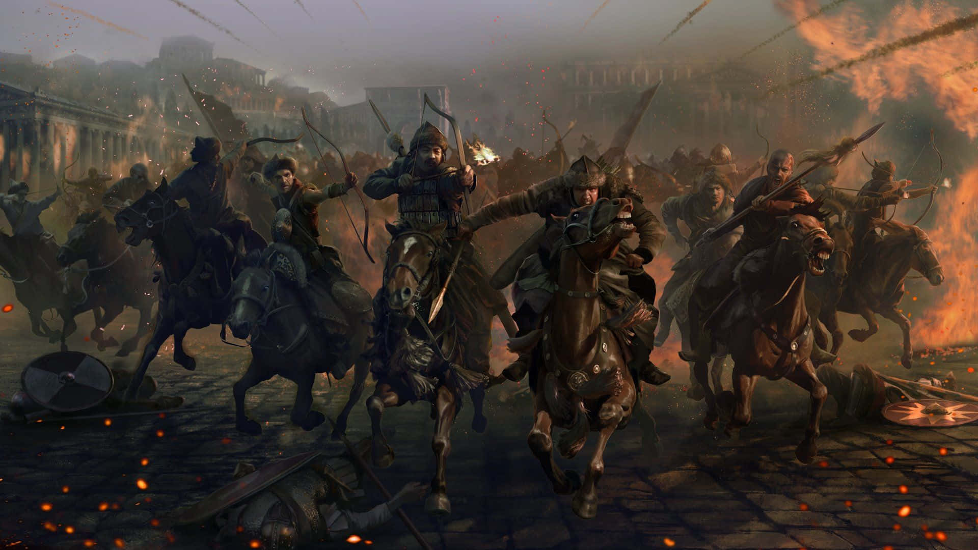 A Group Of Men On Horses In A City Background