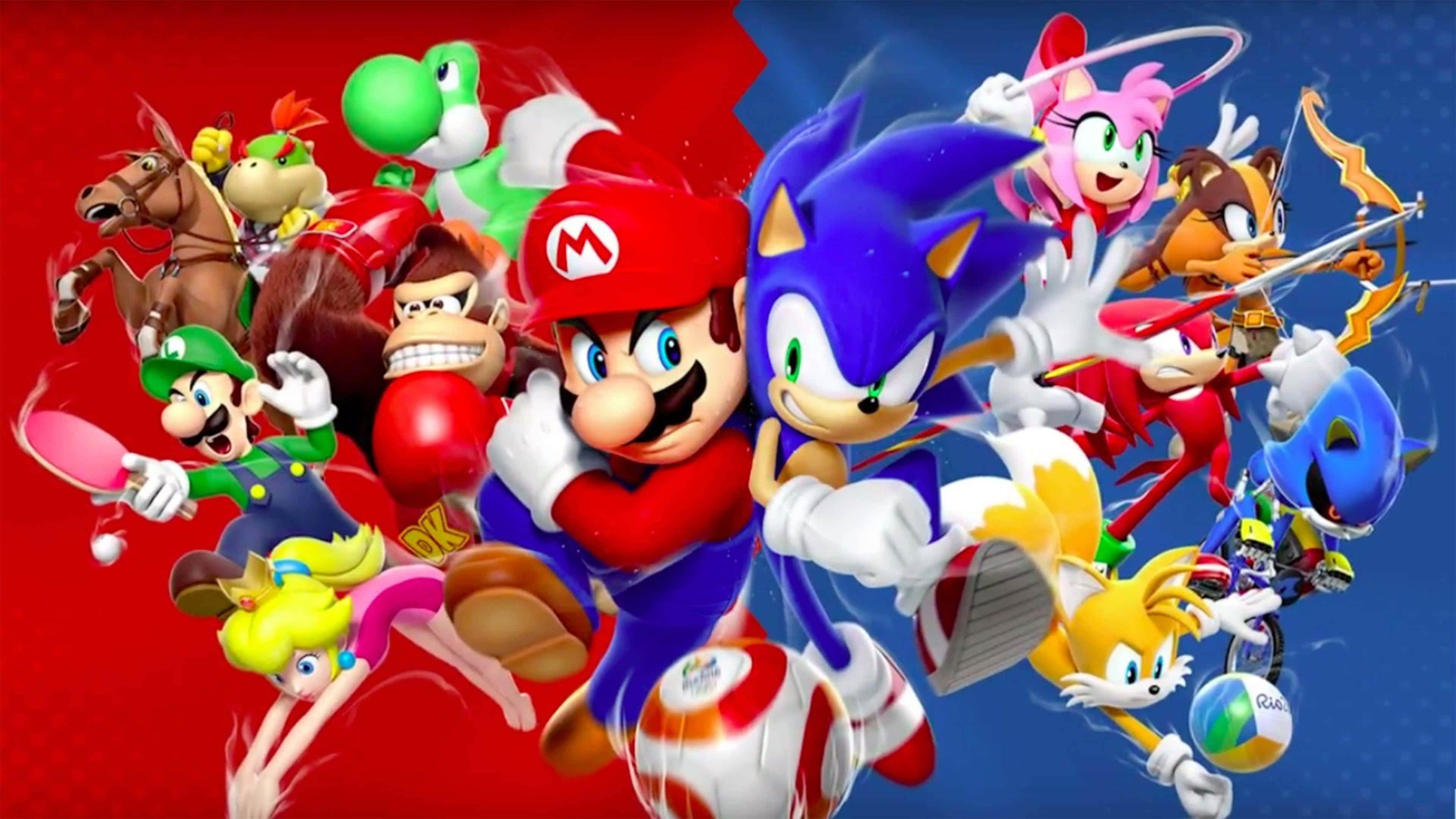 A Group Of Nintendo Characters In A Red And Blue Background Background