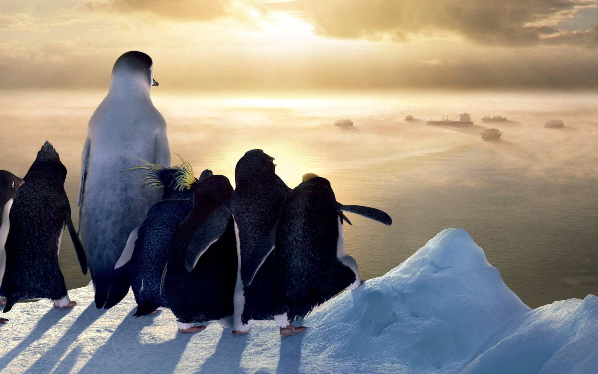 A Group Of Penguins Standing On An Iceberg Background