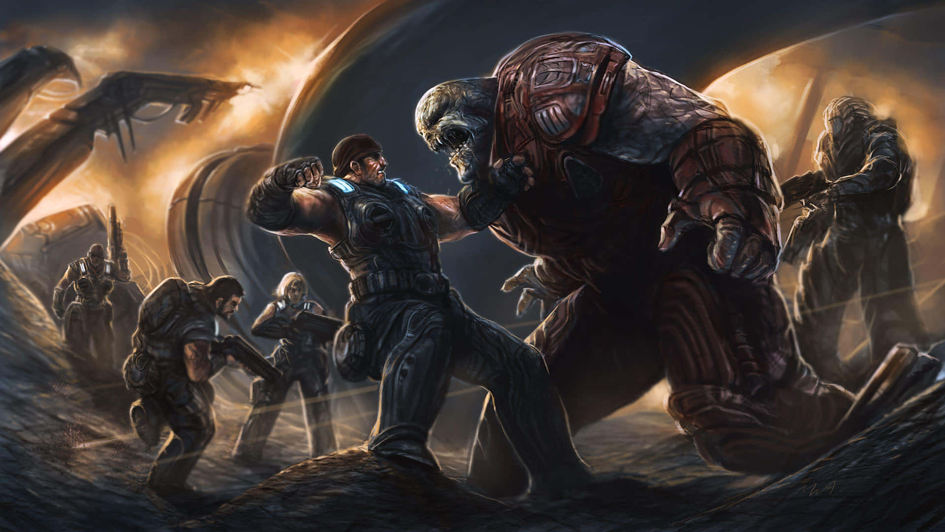 A Group Of People Fighting In A Dark Environment Background