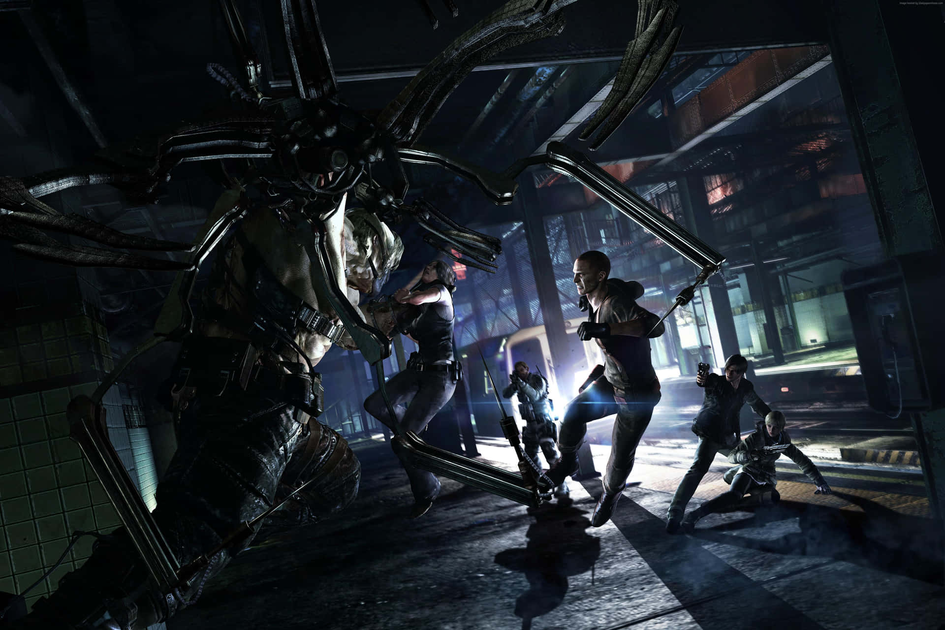 A Group Of People In A Dark Area With A Giant Spider Background